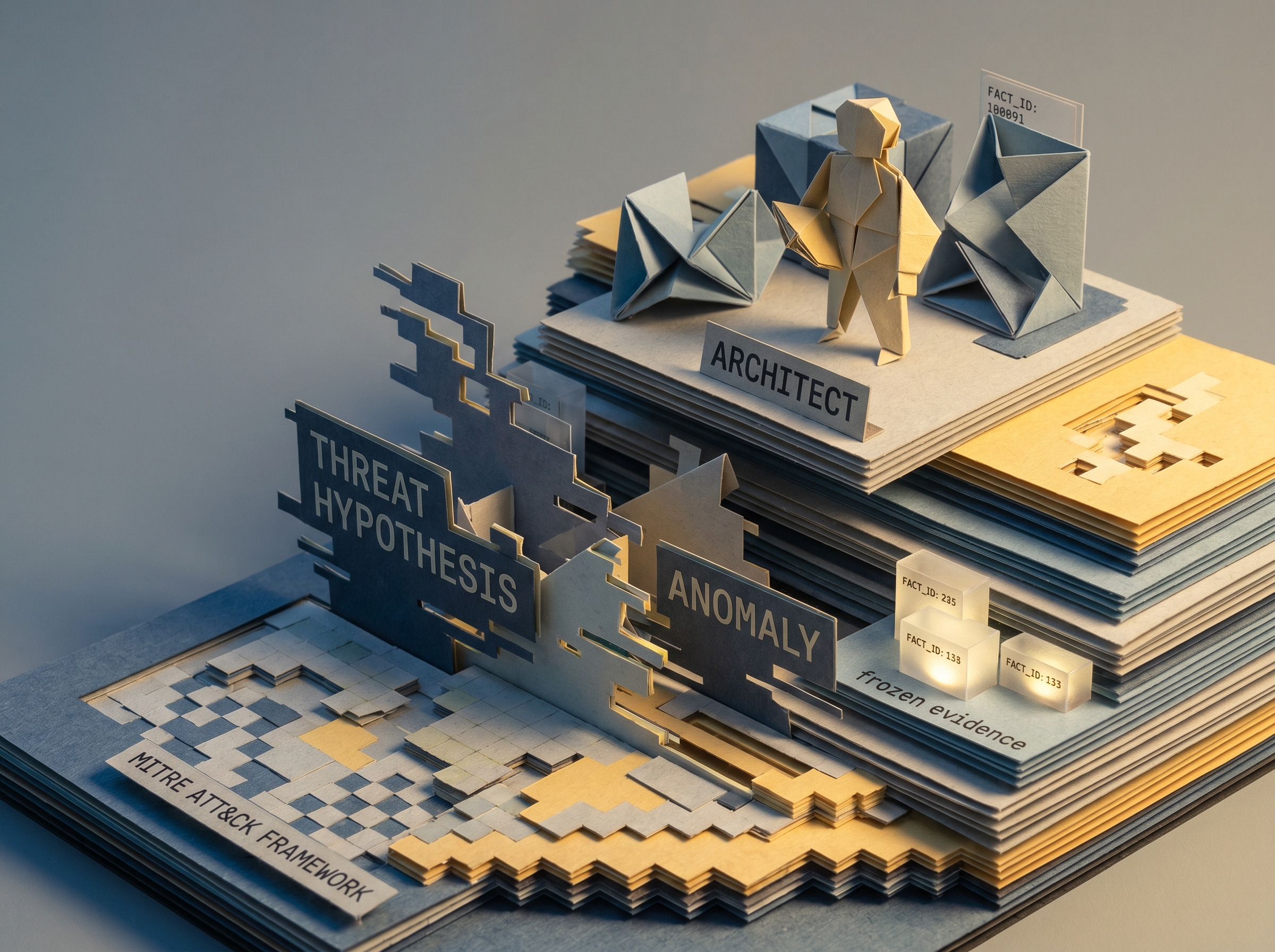16-gami concept art of the Architect agent: an origami figure perched atop a stack of frozen evidence with FACT_ID labels, a THREAT HYPOTHESIS panel, and the MITRE ATT&CK FRAMEWORK rendered as pixel-art tile work