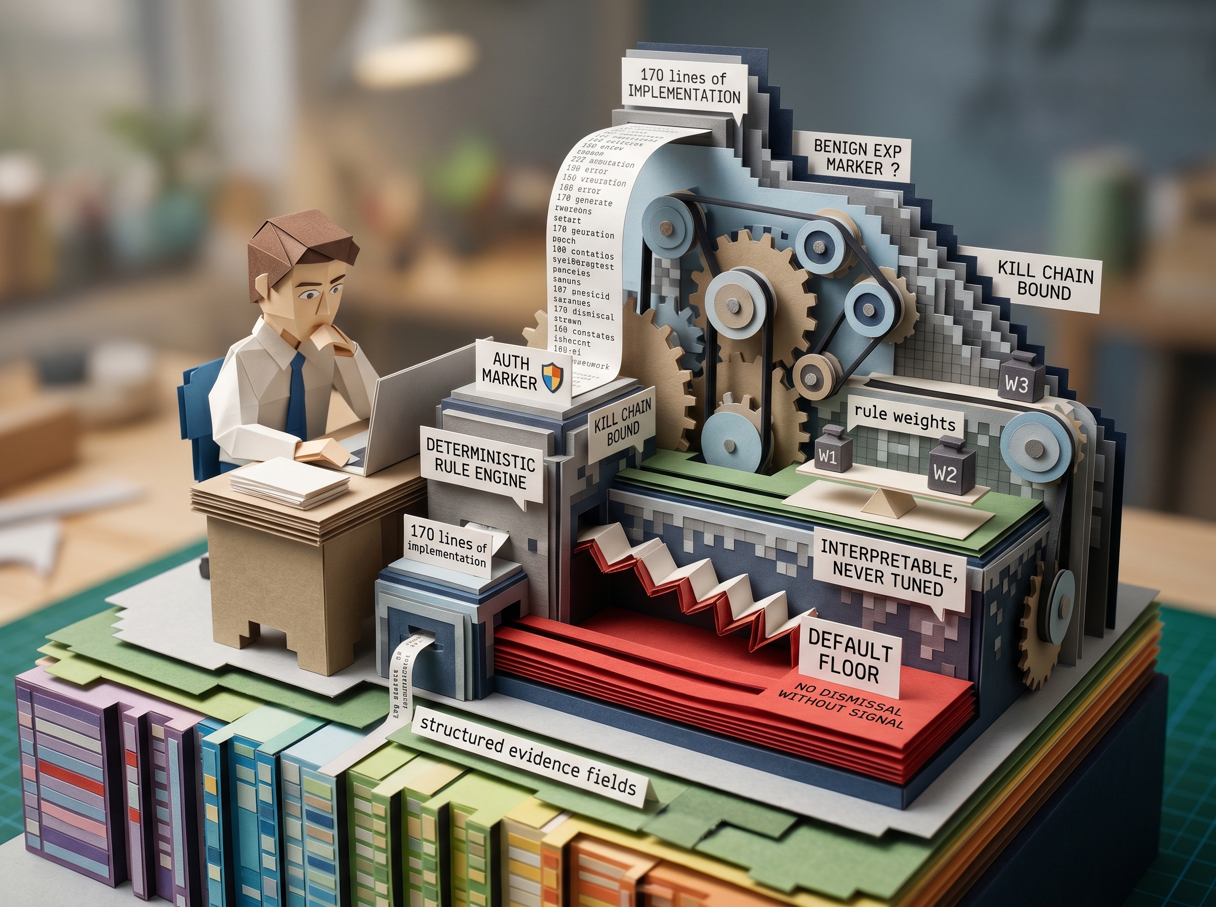 Papercraft diorama of the deterministic rule engine: a builder beside gears and rule weights w1, w2, w3, captioned 170 lines of implementation, interpretable, never tuned, with a default floor titled no dismissal without signal