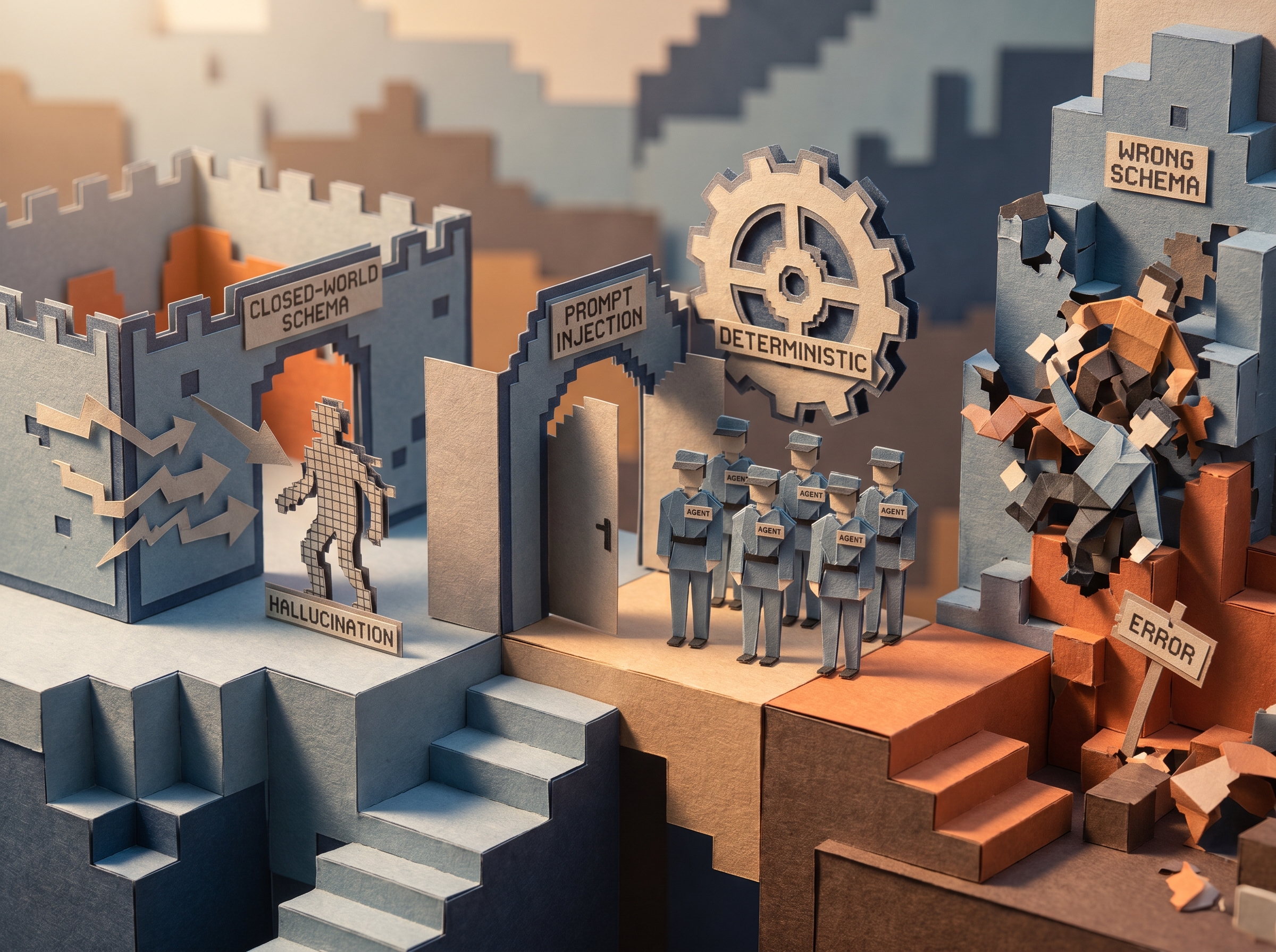Papercraft diorama of the closed-world schema arena: prompt injection door, deterministic gear, hallucination wall, and a wrong-schema collapse zone