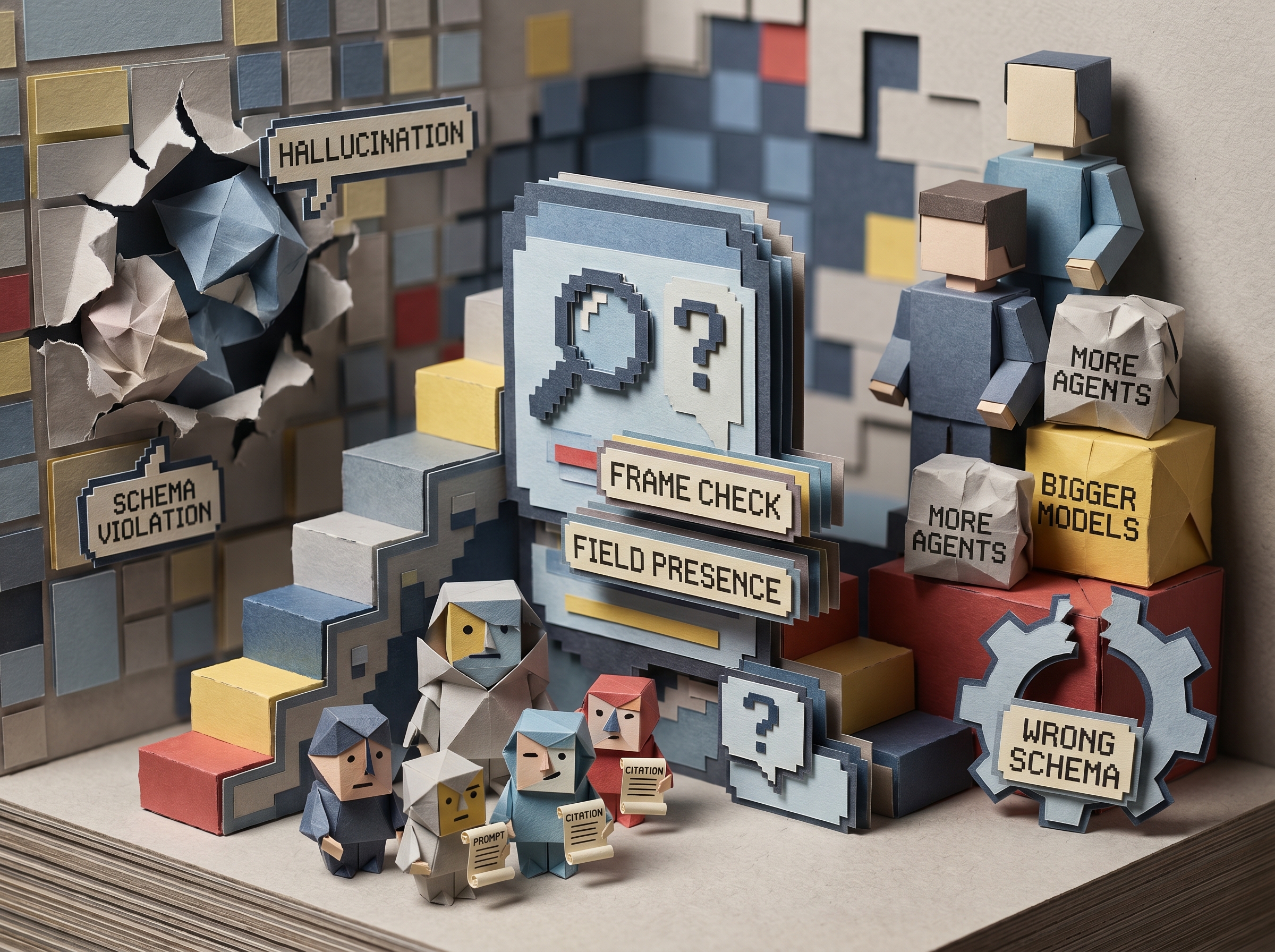 Papercraft diorama: hallucination and schema-violation breaching the wall while "more agents" and "bigger models" sit unused; the defenders run frame-check and field-presence rules at the citation line