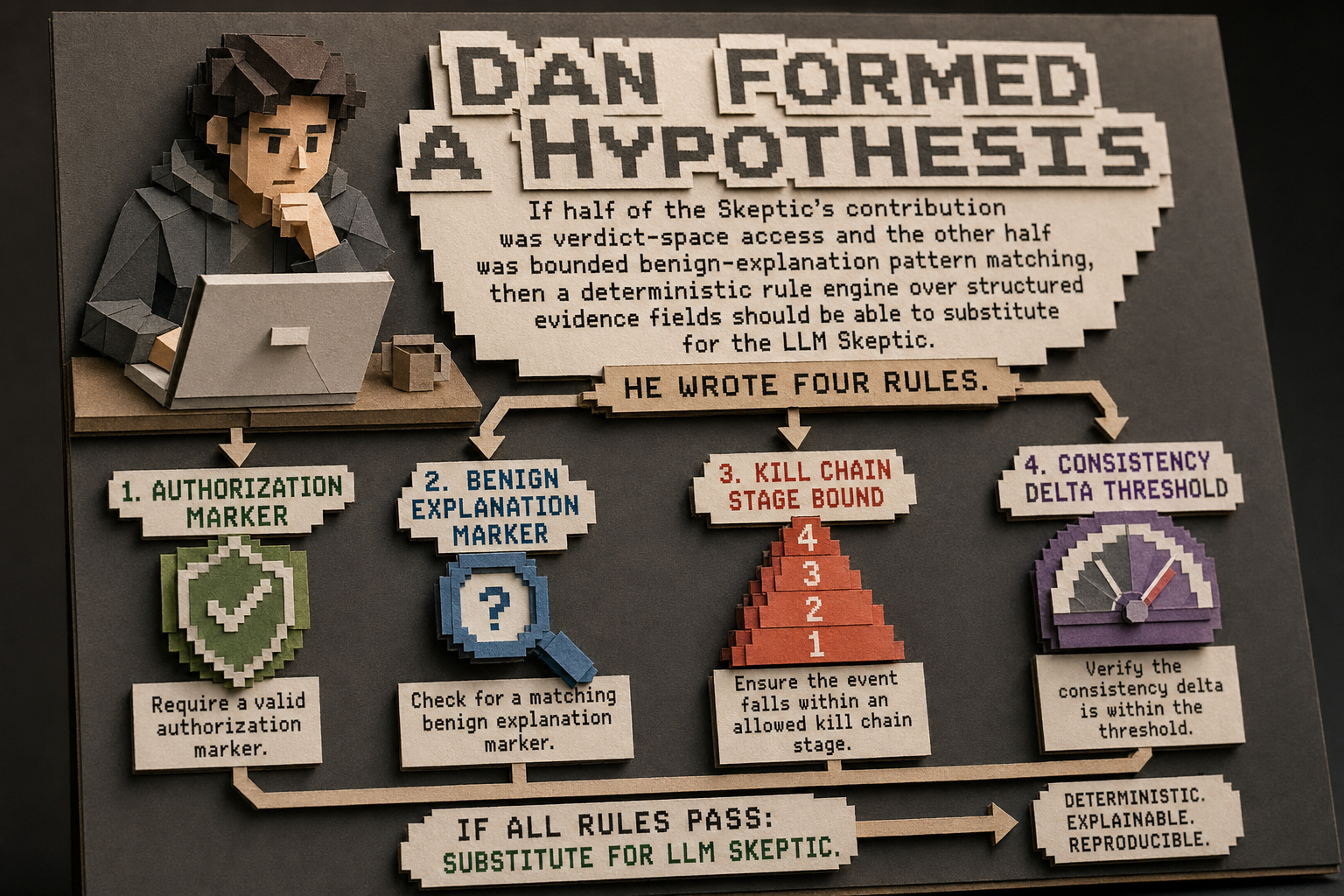 Pixel-art diorama of the builder Dan with a laptop and the four Skeptic rules — authorization marker, benign explanation marker, kill chain stage bound, consistency delta threshold — captioned "If all rules pass, substitute for LLM Skeptic. Deterministic. Explainable. Reproducible."