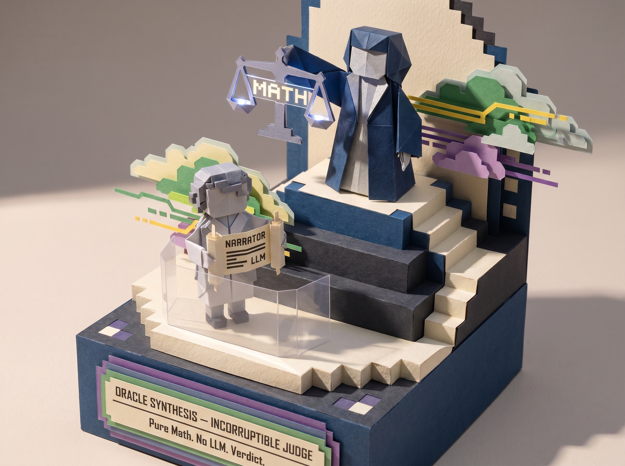 16-gami concept art of the Oracle agent: an origami judge atop a stepped platform holding scales labeled MATH, with a NARRATOR LLM character below and the placard ORACLE SYNTHESIS — INCORRUPTIBLE JUDGE — Pure Math. No LLM. Verdict.
