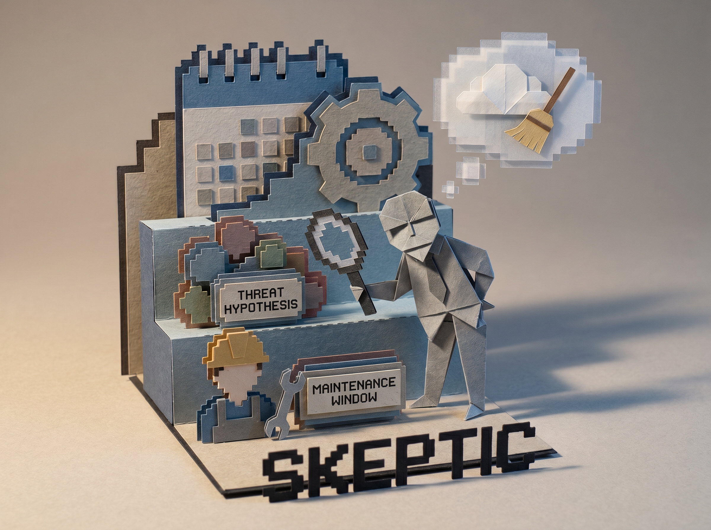 16-gami concept art of the Skeptic agent: an origami figure with a pixel-art magnifying glass examining a THREAT HYPOTHESIS panel, dreaming of a broom in a thought bubble while a MAINTENANCE WINDOW sign sits beside an admin avatar