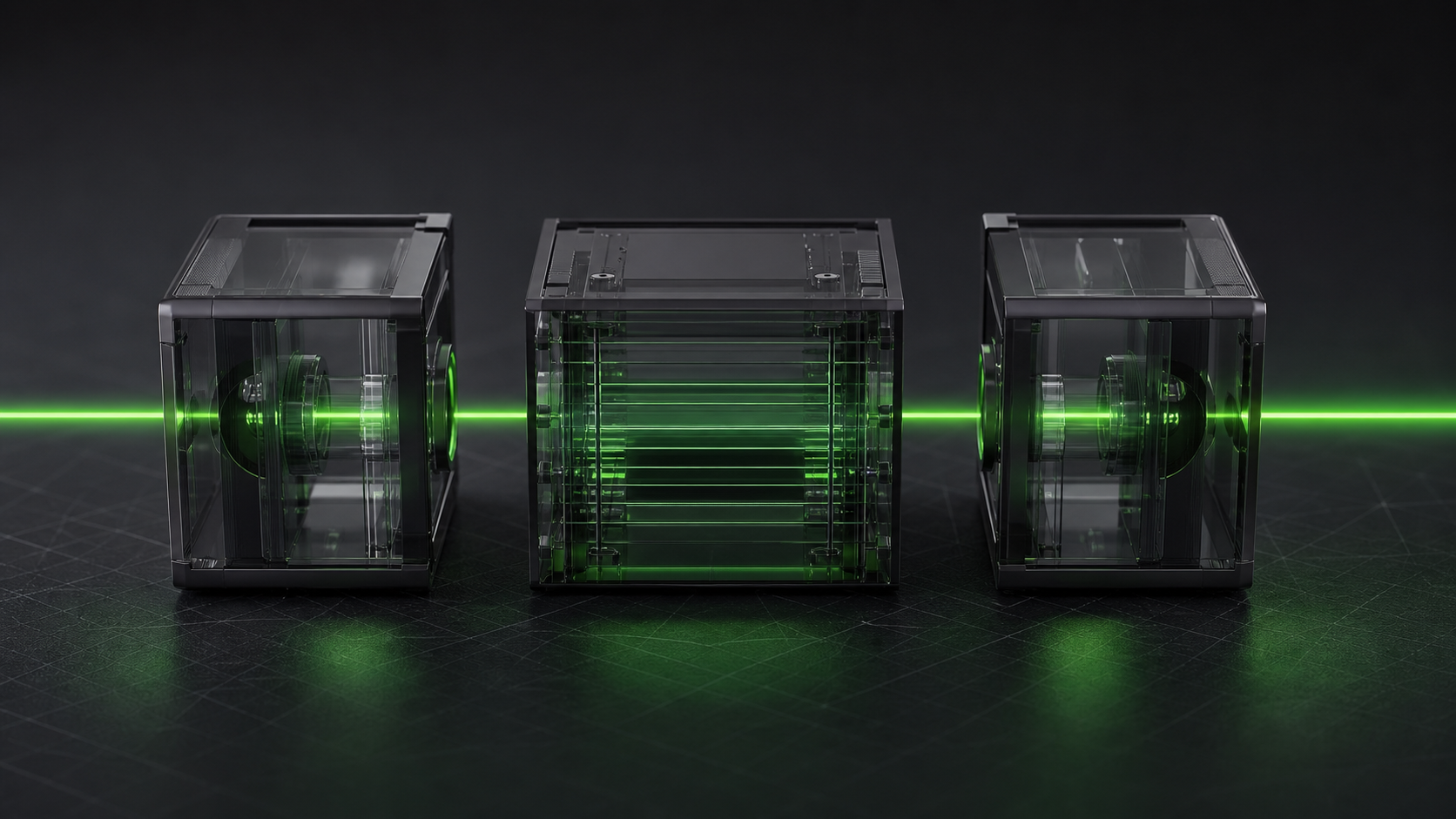 Three transparent optical modules connected by a green data path
