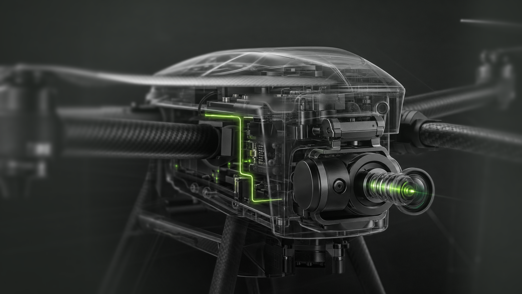 Close view of a drone sensor and transparent internal architecture